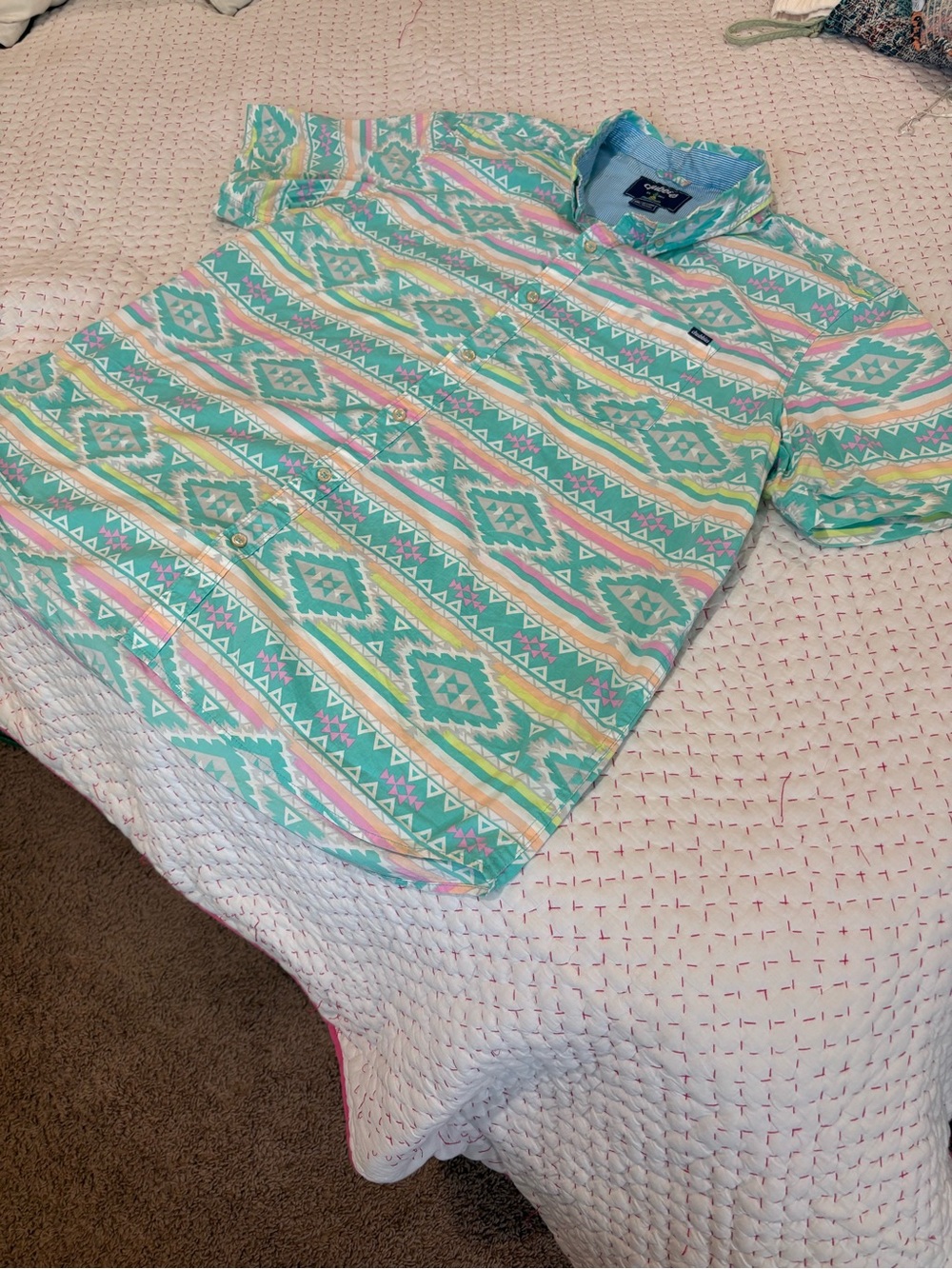 ⚪️⚪️Chubbies Men's Short-Sleeve Button-Up Shirt in Mint Aztec Print XXL - Picture 5 of 6